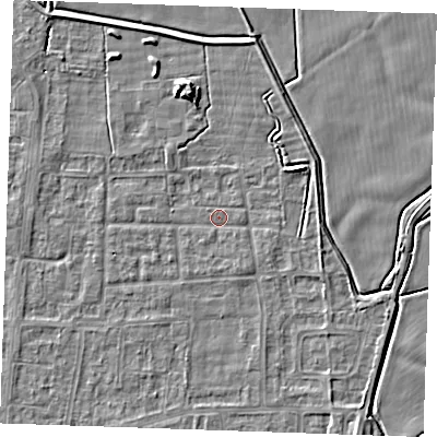 Shaded relief map of the ground around RM188HF, computed from Environment Agency LiDAR. The ground here sits at about 1 m above sea level and falls 5 m across the surrounding 800 m. Surface water reaching this point runs off ground lying to the east-north-east, 2.2 m higher.