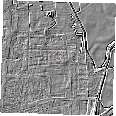 Shaded relief map of the ground around RM188HG, computed from Environment Agency LiDAR. The ground here sits at about 1 m above sea level and falls 9 m across the surrounding 800 m. Surface water reaching this point runs off ground lying to the east-south-east, 0.7 m higher.