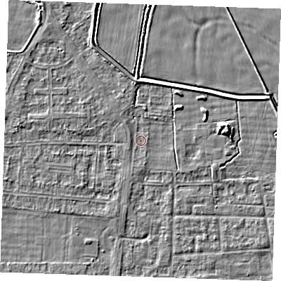 Shaded relief map of the ground around RM188HH, computed from Environment Agency LiDAR. The ground here sits at about 0 m above sea level and falls 5 m across the surrounding 800 m. Surface water reaching this point runs off ground lying to the north-west, 1.9 m higher.