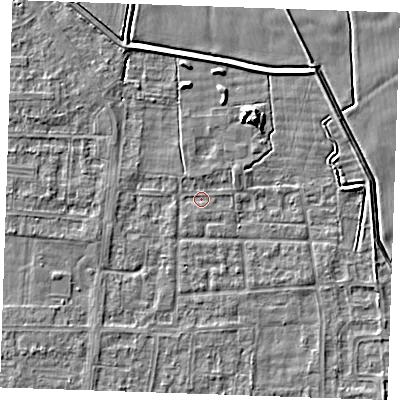 Shaded relief map of the ground around RM188HJ, computed from Environment Agency LiDAR. The ground here sits at about 0 m above sea level and falls 5 m across the surrounding 800 m. Surface water reaching this point runs off ground lying to the north-east, 4.6 m higher.