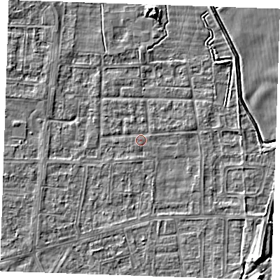 Shaded relief map of the ground around RM188HL, computed from Environment Agency LiDAR. The ground here sits at about 1 m above sea level and falls 9 m across the surrounding 800 m. The ground contributing surface water to this point lies to the east-north-east.