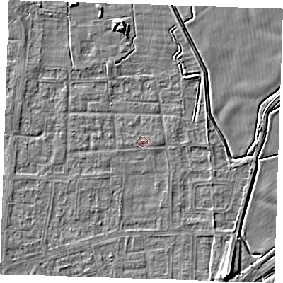 Shaded relief map of the ground around RM188HN, computed from Environment Agency LiDAR. The ground here sits at about 1 m above sea level and falls 10 m across the surrounding 800 m. Surface water reaching this point runs off ground lying to the east, 0.6 m higher.