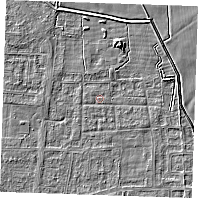 Shaded relief map of the ground around RM188HP, computed from Environment Agency LiDAR. The ground here sits at about 1 m above sea level and falls 5 m across the surrounding 800 m. Surface water reaching this point runs off ground lying to the north-north-east, 4.5 m higher.