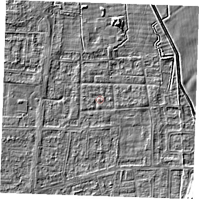 Shaded relief map of the ground around RM188HQ, computed from Environment Agency LiDAR. The ground here sits at about 1 m above sea level and falls 10 m across the surrounding 800 m. Surface water reaching this point runs off ground lying to the west-south-west, 0.6 m higher.