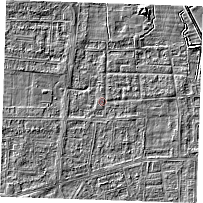 Shaded relief map of the ground around RM188HR, computed from Environment Agency LiDAR. The ground here sits at about 0 m above sea level and falls 5 m across the surrounding 800 m. Surface water reaching this point runs off ground lying to the east-north-east, 2.7 m higher.