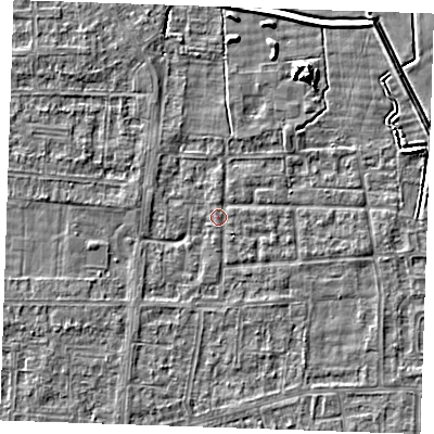 Shaded relief map of the ground around RM188HS, computed from Environment Agency LiDAR. The ground here sits at about 1 m above sea level and falls 5 m across the surrounding 800 m. Surface water reaching this point runs off ground lying to the north-north-east, 4.6 m higher.