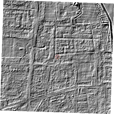 Shaded relief map of the ground around RM188HT, computed from Environment Agency LiDAR. The ground here sits at about 0 m above sea level and falls 5 m across the surrounding 800 m. Surface water reaching this point runs off ground lying to the north-east, 2.7 m higher.