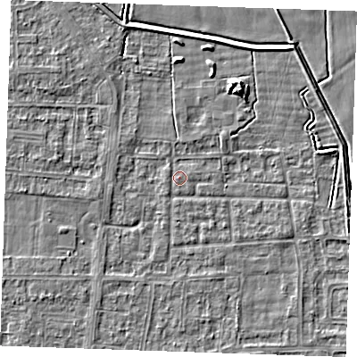 Shaded relief map of the ground around RM188HU, computed from Environment Agency LiDAR. The ground here sits at about 1 m above sea level and falls 5 m across the surrounding 800 m. Surface water reaching this point runs off ground lying to the north-east, 4.6 m higher.