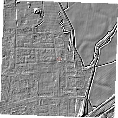 Shaded relief map of the ground around RM188HW, computed from Environment Agency LiDAR. The ground here sits at about 1 m above sea level and falls 9 m across the surrounding 800 m. Surface water reaching this point runs off ground lying to the west, 0.7 m higher.
