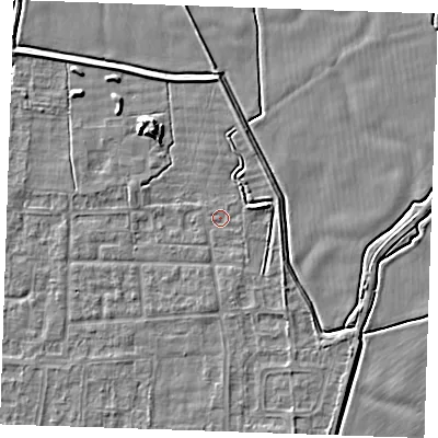 Shaded relief map of the ground around RM188HX, computed from Environment Agency LiDAR. The ground here sits at about 1 m above sea level and falls 5 m across the surrounding 800 m. Surface water reaching this point runs off ground lying to the east-north-east, 0.8 m higher.