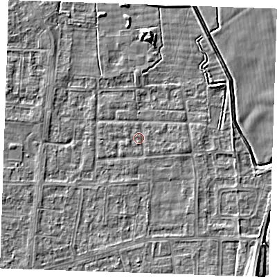 Shaded relief map of the ground around RM188HY, computed from Environment Agency LiDAR. The ground here sits at about 1 m above sea level and falls 9 m across the surrounding 800 m. Surface water reaching this point runs off ground lying to the east-south-east, 0.7 m higher.
