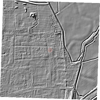Shaded relief map of the ground around RM188JA, computed from Environment Agency LiDAR. The ground here sits at about 1 m above sea level and falls 6 m across the surrounding 800 m. Surface water reaching this point runs off ground lying to the east-north-east, 0.9 m higher.