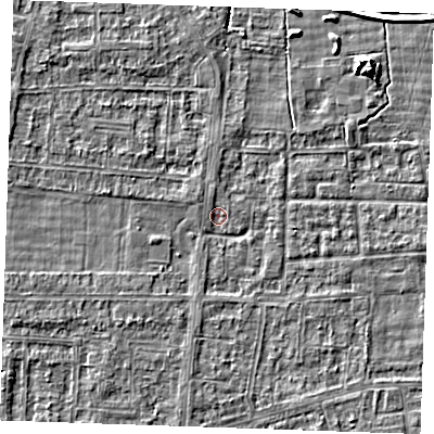 Shaded relief map of the ground around RM188JD, computed from Environment Agency LiDAR. The ground here sits at about -0 m above sea level and falls 5 m across the surrounding 800 m. Surface water reaching this point runs off ground lying to the south-south-west, 1.7 m higher.