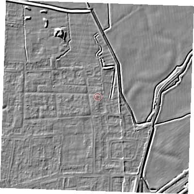 Shaded relief map of the ground around RM188JF, computed from Environment Agency LiDAR. The ground here sits at about 1 m above sea level and falls 5 m across the surrounding 800 m. Surface water reaching this point runs off ground lying to the east-north-east, 0.7 m higher.