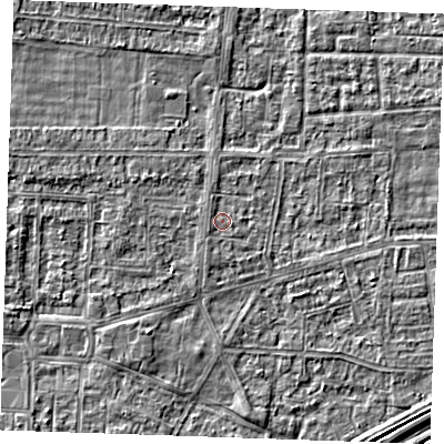 Shaded relief map of the ground around RM188JJ, computed from Environment Agency LiDAR. The ground here sits at about 1 m above sea level and falls 3 m across the surrounding 800 m. Surface water reaching this point runs off ground lying to the west-north-west, 0.5 m higher.