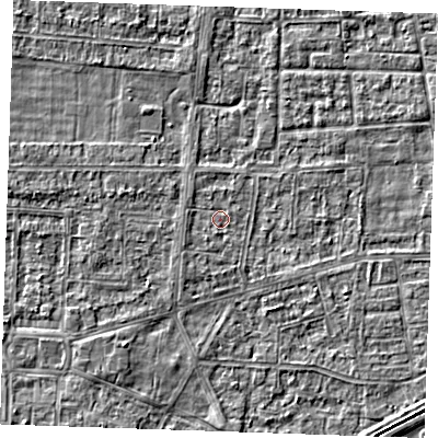 Shaded relief map of the ground around RM188JL, computed from Environment Agency LiDAR. The ground here sits at about 1 m above sea level and falls 3 m across the surrounding 800 m. Surface water reaching this point runs off ground lying to the west-south-west, 1.0 m higher.