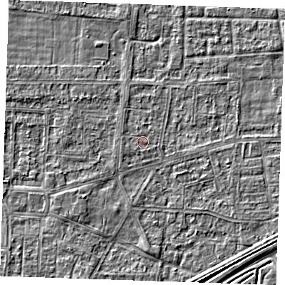 Shaded relief map of the ground around RM188JP, computed from Environment Agency LiDAR. The ground here sits at about 1 m above sea level and falls 3 m across the surrounding 800 m. The ground contributing surface water to this point lies to the south-west.