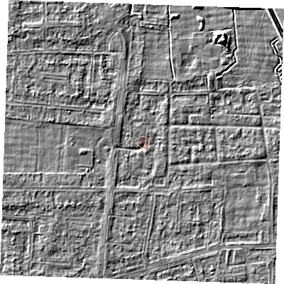 Shaded relief map of the ground around RM188JQ, computed from Environment Agency LiDAR. The ground here sits at about 0 m above sea level and falls 5 m across the surrounding 800 m. Surface water reaching this point runs off ground lying to the south-west, 1.7 m higher.