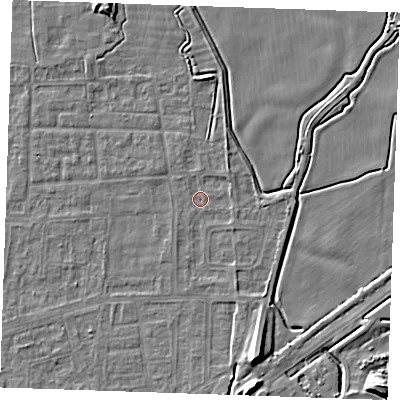 Shaded relief map of the ground around RM188JR, computed from Environment Agency LiDAR. The ground here sits at about 1 m above sea level and falls 10 m across the surrounding 800 m. Surface water reaching this point runs off ground lying to the south-south-east, 6.6 m higher.