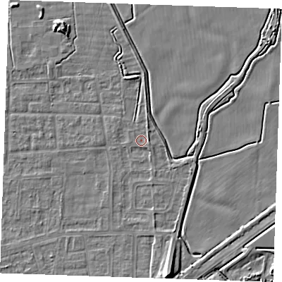 Shaded relief map of the ground around RM188JS, computed from Environment Agency LiDAR. The ground here sits at about 1 m above sea level and falls 9 m across the surrounding 800 m. Surface water reaching this point runs off ground lying to the east-south-east, 0.7 m higher.