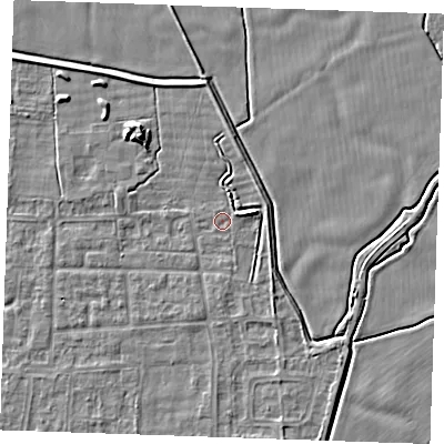 Shaded relief map of the ground around RM188JT, computed from Environment Agency LiDAR. The ground here sits at about 1 m above sea level and falls 5 m across the surrounding 800 m. Surface water reaching this point runs off ground lying to the north-east, 0.7 m higher.