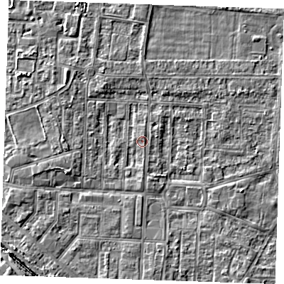 Shaded relief map of the ground around RM188LA, computed from Environment Agency LiDAR. The ground here sits at about 1 m above sea level and falls 5 m across the surrounding 800 m. Surface water reaching this point runs off ground lying to the south, 1.2 m higher.