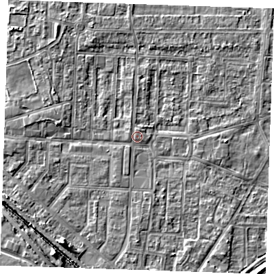 Shaded relief map of the ground around RM188LB, computed from Environment Agency LiDAR. The ground here sits at about 1 m above sea level and falls 5 m across the surrounding 800 m. Surface water reaching this point runs off ground lying to the north, 1.4 m higher.