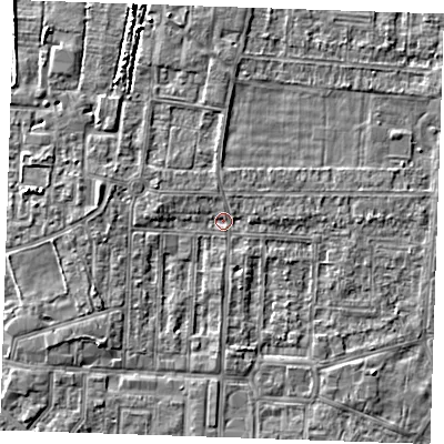 Shaded relief map of the ground around RM188LD, computed from Environment Agency LiDAR. The ground here sits at about 0 m above sea level and falls 3 m across the surrounding 800 m. Surface water reaching this point runs off ground lying to the west-south-west, 1.8 m higher.