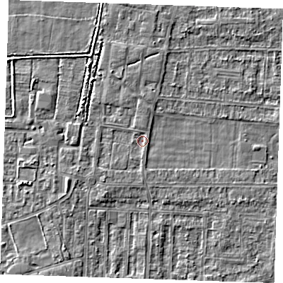 Shaded relief map of the ground around RM188LH, computed from Environment Agency LiDAR. The ground here sits at about 1 m above sea level and falls 3 m across the surrounding 800 m. Surface water reaching this point runs off ground lying to the south, 0.7 m higher.