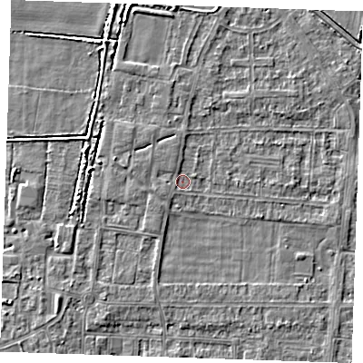 Shaded relief map of the ground around RM188LJ, computed from Environment Agency LiDAR. The ground here sits at about 1 m above sea level and falls 3 m across the surrounding 800 m. Surface water reaching this point runs off ground lying to the west-south-west, 1.2 m higher.