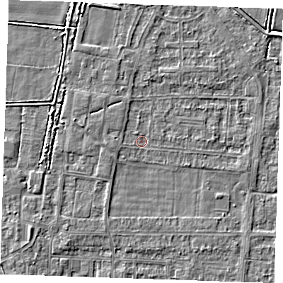 Shaded relief map of the ground around RM188LL, computed from Environment Agency LiDAR. The ground here sits at about 1 m above sea level and falls 3 m across the surrounding 800 m. Surface water reaching this point runs off ground lying to the west, 1.4 m higher.