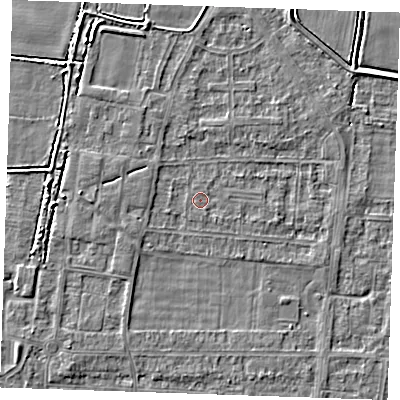 Shaded relief map of the ground around RM188LP, computed from Environment Agency LiDAR. The ground here sits at about 1 m above sea level and falls 3 m across the surrounding 800 m. Surface water reaching this point runs off ground lying to the south-east, 0.7 m higher.