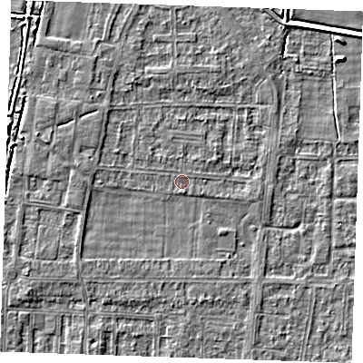 Shaded relief map of the ground around RM188LR, computed from Environment Agency LiDAR. The ground here sits at about 1 m above sea level and falls 3 m across the surrounding 800 m. Surface water reaching this point runs off ground lying to the north-west, 0.6 m higher.