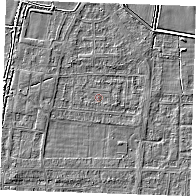 Shaded relief map of the ground around RM188LS, computed from Environment Agency LiDAR. The ground here sits at about 1 m above sea level and falls 3 m across the surrounding 800 m. Surface water reaching this point runs off ground lying to the south-west, 0.6 m higher.