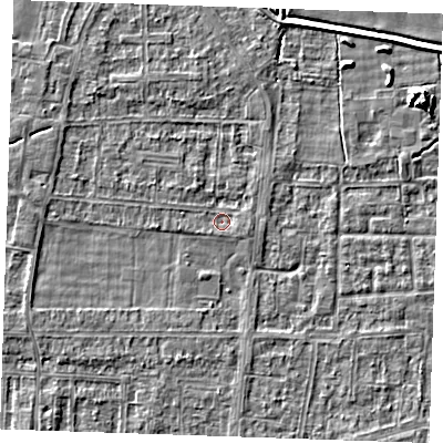 Shaded relief map of the ground around RM188LT, computed from Environment Agency LiDAR. The ground here sits at about 0 m above sea level and falls 5 m across the surrounding 800 m. Surface water reaching this point runs off ground lying to the south-west, 1.2 m higher.