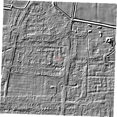 Shaded relief map of the ground around RM188LU, computed from Environment Agency LiDAR. The ground here sits at about 0 m above sea level and falls 5 m across the surrounding 800 m. Surface water reaching this point runs off ground lying to the south-west, 1.2 m higher.