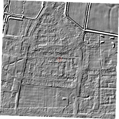 Shaded relief map of the ground around RM188LX, computed from Environment Agency LiDAR. The ground here sits at about 0 m above sea level and falls 3 m across the surrounding 800 m. Surface water reaching this point runs off ground lying to the west-south-west, 1.8 m higher.