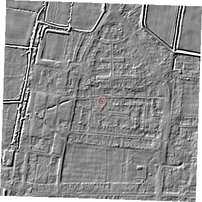 Shaded relief map of the ground around RM188NA, computed from Environment Agency LiDAR. The ground here sits at about 1 m above sea level and falls 3 m across the surrounding 800 m. Surface water reaching this point runs off ground lying to the south-west, 1.4 m higher.