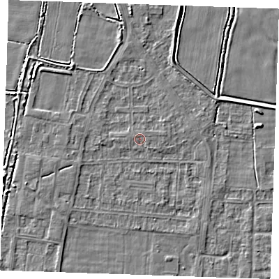 Shaded relief map of the ground around RM188NB, computed from Environment Agency LiDAR. The ground here sits at about 1 m above sea level and falls 3 m across the surrounding 800 m. Surface water reaching this point runs off ground lying to the west-north-west, 0.6 m higher.