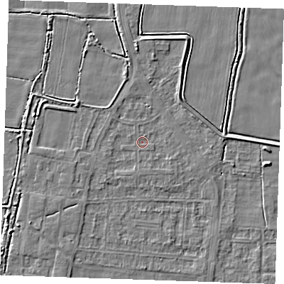 Shaded relief map of the ground around RM188ND, computed from Environment Agency LiDAR. The ground here sits at about 0 m above sea level and falls 3 m across the surrounding 800 m. Surface water reaching this point runs off ground lying to the west-north-west, 2.7 m higher.