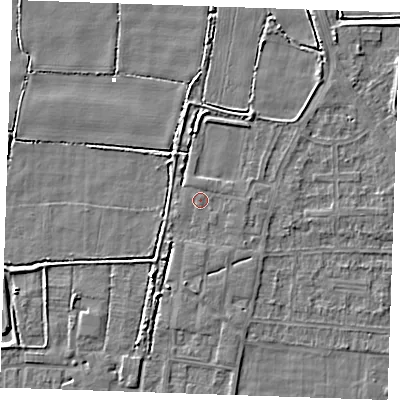 Shaded relief map of the ground around RM188NG, computed from Environment Agency LiDAR. The ground here sits at about 1 m above sea level and falls 3 m across the surrounding 800 m. Surface water reaching this point runs off ground lying to the east, 0.7 m higher.