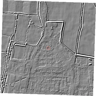 Shaded relief map of the ground around RM188NH, computed from Environment Agency LiDAR. The ground here sits at about 0 m above sea level and falls 3 m across the surrounding 800 m. Surface water reaching this point runs off ground lying to the north, 0.8 m higher.
