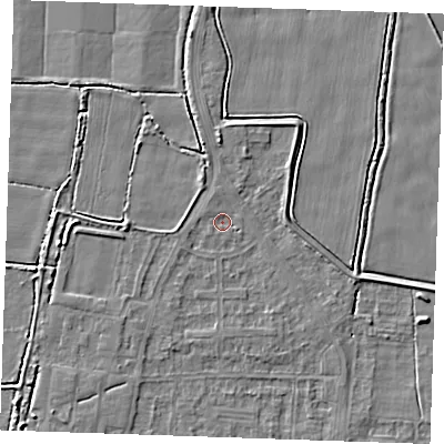 Shaded relief map of the ground around RM188NJ, computed from Environment Agency LiDAR. The ground here sits at about 0 m above sea level and falls 3 m across the surrounding 800 m. Surface water reaching this point runs off ground lying to the north, 2.0 m higher.
