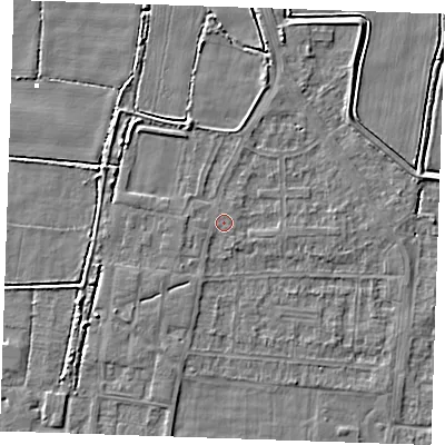 Shaded relief map of the ground around RM188NL, computed from Environment Agency LiDAR. The ground here sits at about 1 m above sea level and falls 3 m across the surrounding 800 m. Surface water reaching this point runs off ground lying to the south-west, 1.3 m higher.