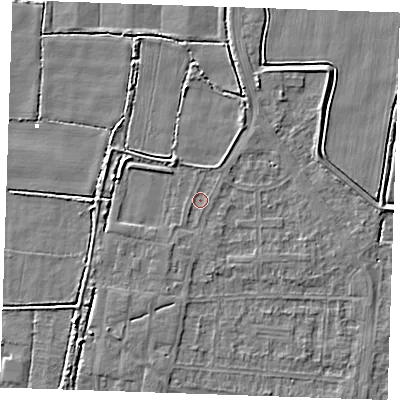 Shaded relief map of the ground around RM188NP, computed from Environment Agency LiDAR. The ground here sits at about 1 m above sea level and falls 3 m across the surrounding 800 m. Surface water reaching this point runs off ground lying to the west-north-west, 2.7 m higher.