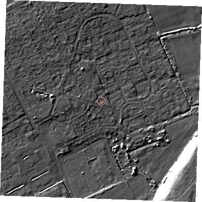 Shaded relief map of the ground around RM188NR, computed from Environment Agency LiDAR. The ground here sits at about 4 m above sea level and falls 10 m across the surrounding 800 m. Surface water reaching this point runs off ground lying to the west, 1.8 m higher.