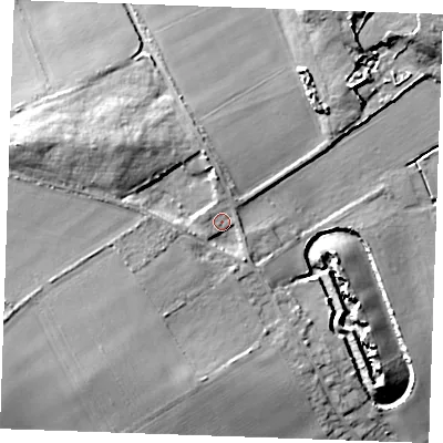 Shaded relief map of the ground around RM188PA, computed from Environment Agency LiDAR. The ground here sits at about 12 m above sea level and falls 17 m across the surrounding 800 m. Surface water reaching this point runs off ground lying to the west-north-west, 7.1 m higher.