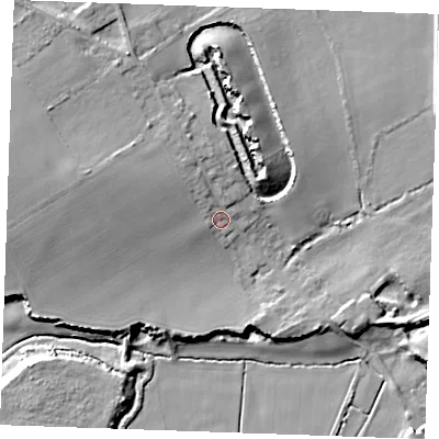 Shaded relief map of the ground around RM188PB, computed from Environment Agency LiDAR. The ground here sits at about 8 m above sea level and falls 14 m across the surrounding 800 m. Surface water reaching this point runs off ground lying to the north-west, 4.6 m higher.
