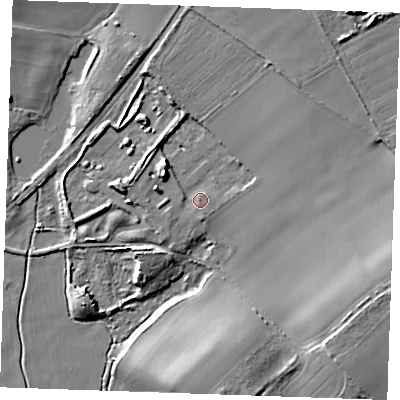 Shaded relief map of the ground around RM188QR, computed from Environment Agency LiDAR. The ground here sits at about 5 m above sea level and falls 14 m across the surrounding 800 m. Surface water reaching this point runs off ground lying to the west-south-west, 1.7 m higher.