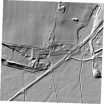 Shaded relief map of the ground around RM188QU, computed from Environment Agency LiDAR. The ground here sits at about 7 m above sea level and falls 16 m across the surrounding 800 m. Surface water reaching this point runs off ground lying to the north, 3.9 m higher.